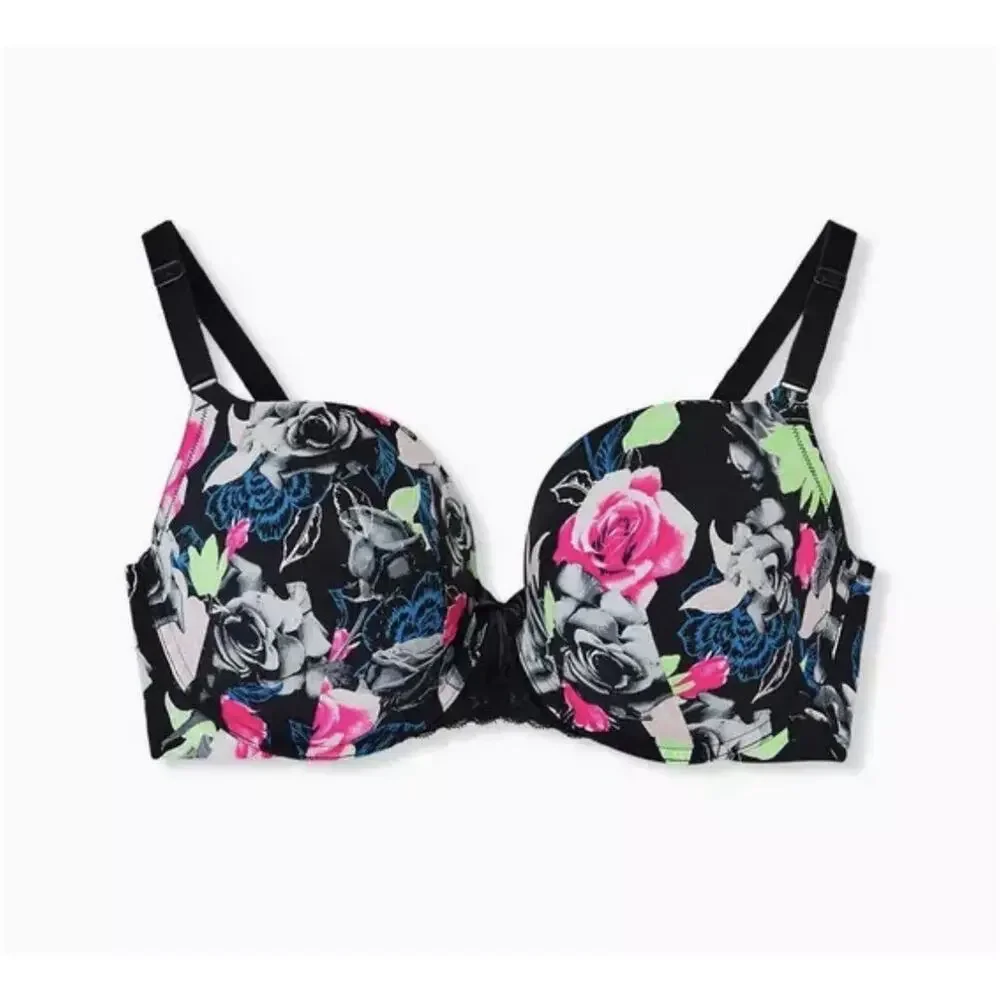 Torrid Perfect Coverage Push Up Bra 44D Floral Underwire Padded Full Coverage